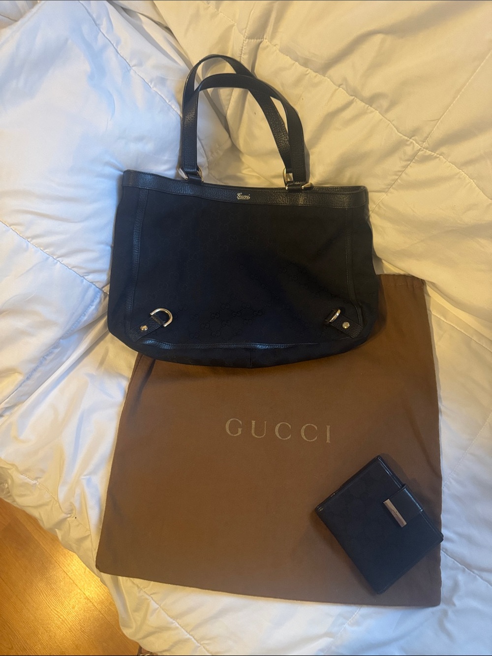 Gucci Black Leather and Canvas Tote with wallet, Gold Hardware and dusty!!!!